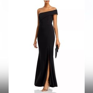 AQUA Scuba Crepe Off-the-Shoulder Gown